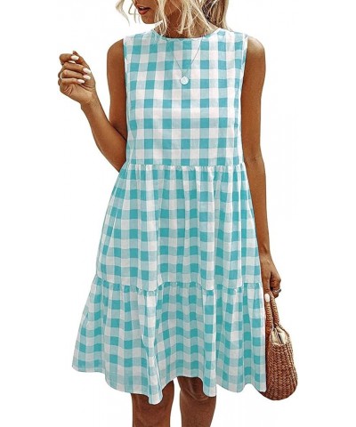 Women's Casual Plaid Sleeveless Ruffle Sundress Round Neck A-Line Pleated Mini Short T Shirt Dress with Pockets Green $20.99 ...