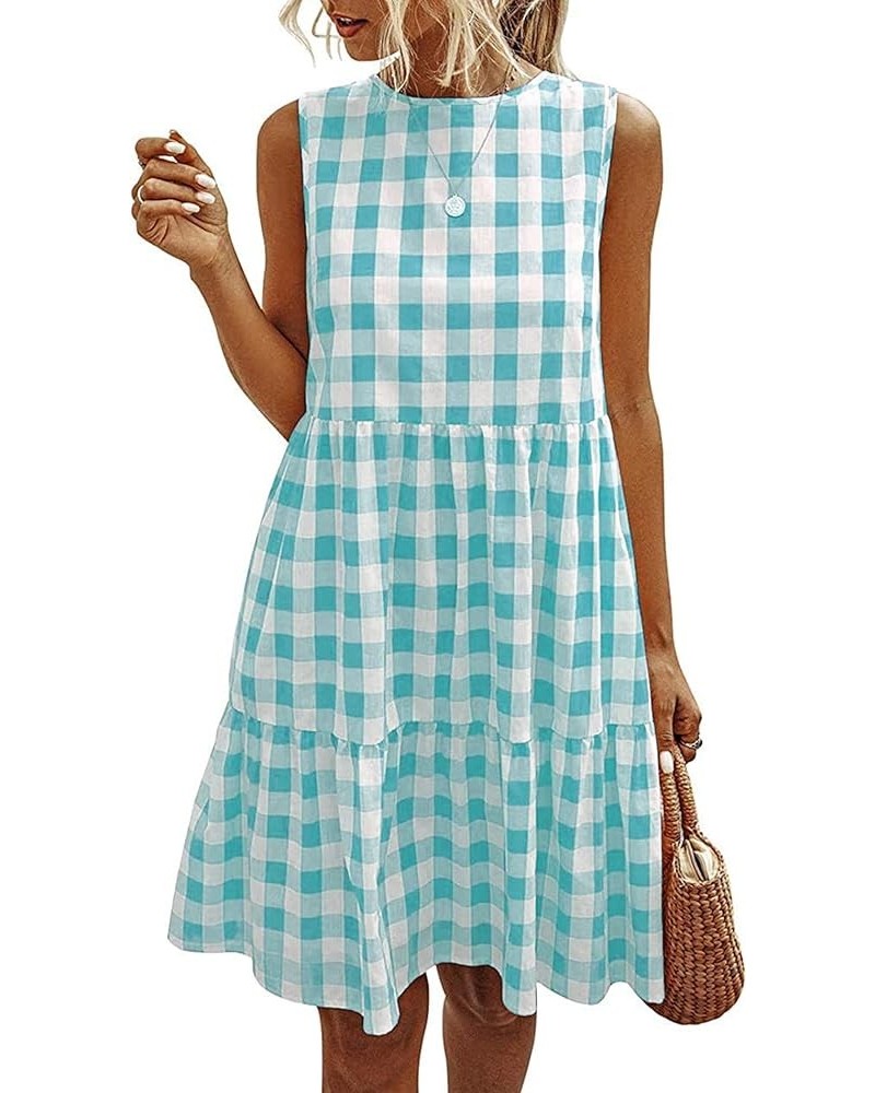 Women's Casual Plaid Sleeveless Ruffle Sundress Round Neck A-Line Pleated Mini Short T Shirt Dress with Pockets Green $20.99 ...