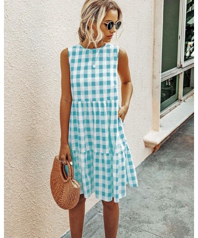 Women's Casual Plaid Sleeveless Ruffle Sundress Round Neck A-Line Pleated Mini Short T Shirt Dress with Pockets Green $20.99 ...