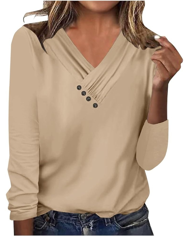 Women Fall Elegant Pleated V Neck Tee Shirts Buttons Solid Color Regular Fit Long Sleeve Blouse Lightweight Tunic Top Khaki $...