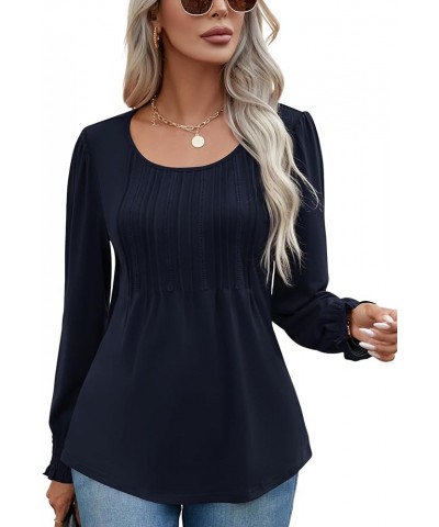 Womens Long Sleeve Tops Dressy Casual Crew Neck Pleated Tunic Business Loose Blouses S-XXL Navy Blue $14.78 Tops