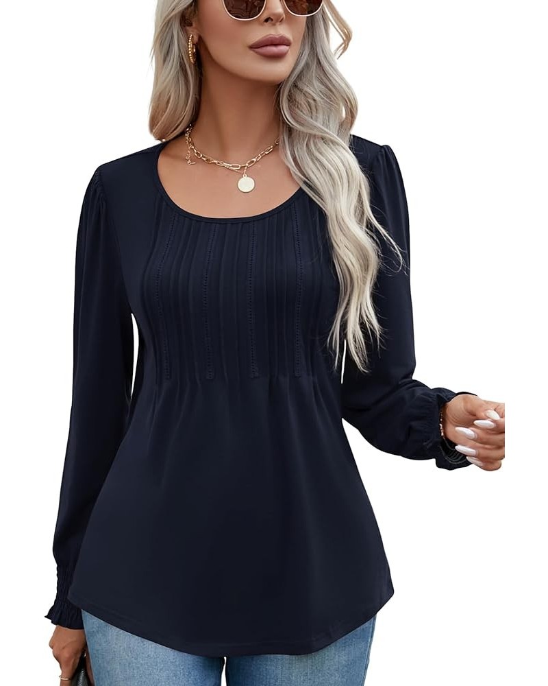 Womens Long Sleeve Tops Dressy Casual Crew Neck Pleated Tunic Business Loose Blouses S-XXL Navy Blue $14.78 Tops