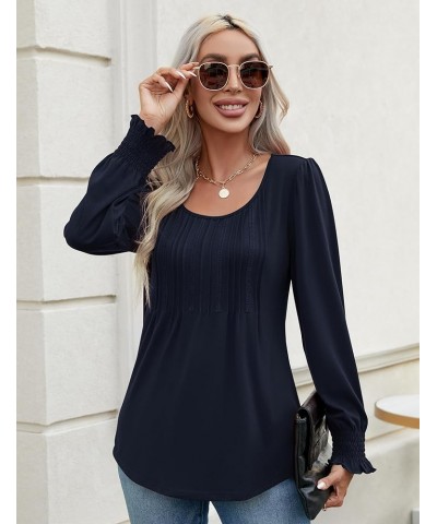 Womens Long Sleeve Tops Dressy Casual Crew Neck Pleated Tunic Business Loose Blouses S-XXL Navy Blue $14.78 Tops