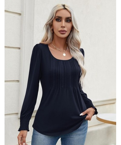 Womens Long Sleeve Tops Dressy Casual Crew Neck Pleated Tunic Business Loose Blouses S-XXL Navy Blue $14.78 Tops