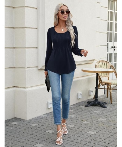 Womens Long Sleeve Tops Dressy Casual Crew Neck Pleated Tunic Business Loose Blouses S-XXL Navy Blue $14.78 Tops