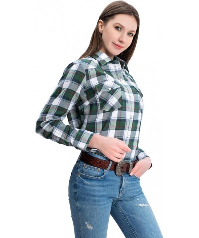 Western Shirts for Women Cotton Long Sleeve Shirts for Women with Snap Buttons Plaid Shirts for Women Green Navy $19.37 Blouses