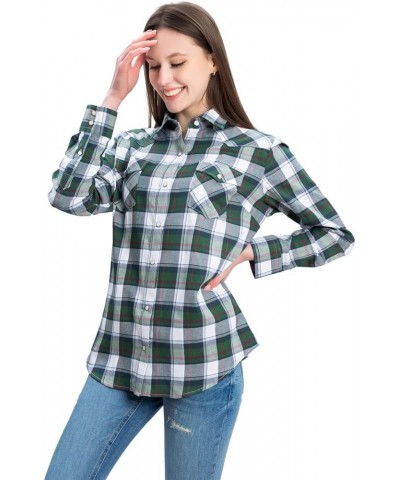 Western Shirts for Women Cotton Long Sleeve Shirts for Women with Snap Buttons Plaid Shirts for Women Green Navy $19.37 Blouses