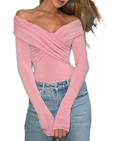 Women’s Off Shoulder Long Sleeve Tops Y2K Solid Basic Low Cut Folded Neck Slim Tee Shirts Sexy Ruched Crop Blouse P Ruched Cr...