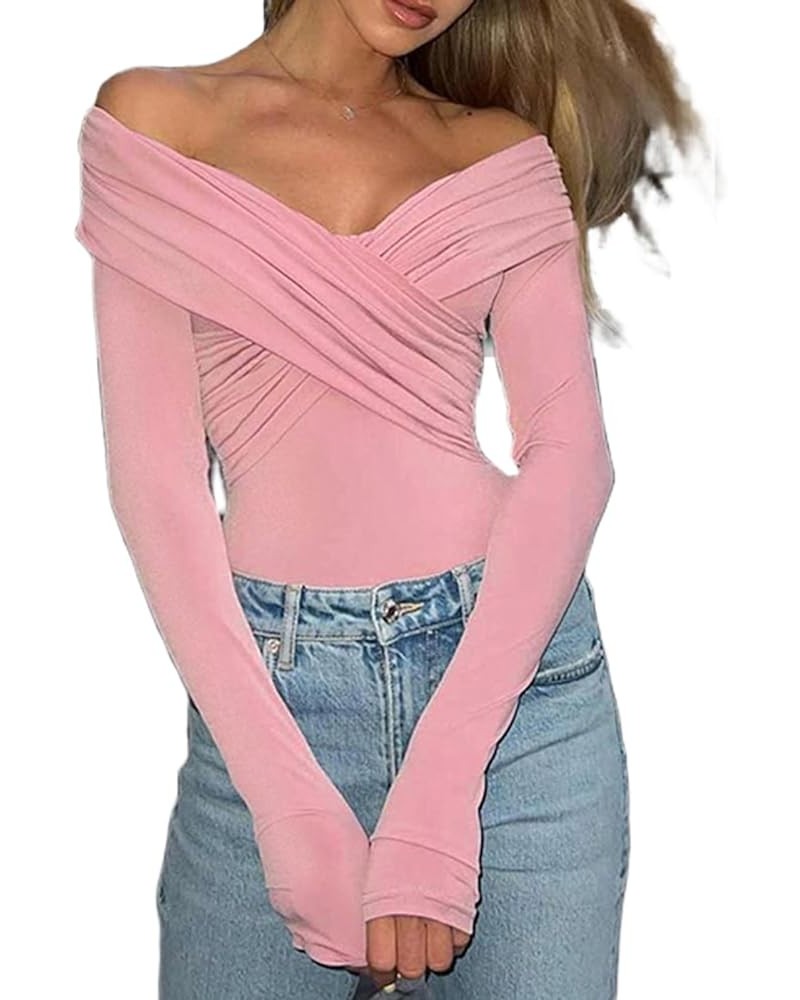 Women’s Off Shoulder Long Sleeve Tops Y2K Solid Basic Low Cut Folded Neck Slim Tee Shirts Sexy Ruched Crop Blouse P Ruched Cr...