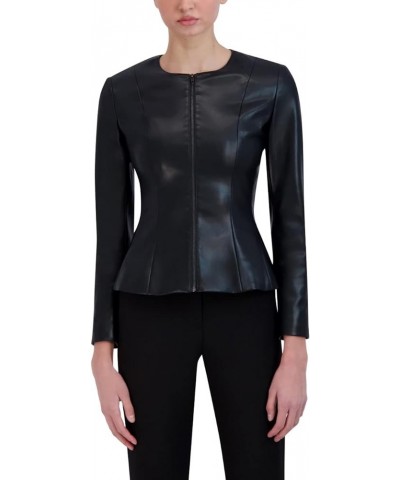 Women's Faux Leather Peplum Jacket Long Sleeve Crew Neck Front Zip Coat Black $59.70 Coats