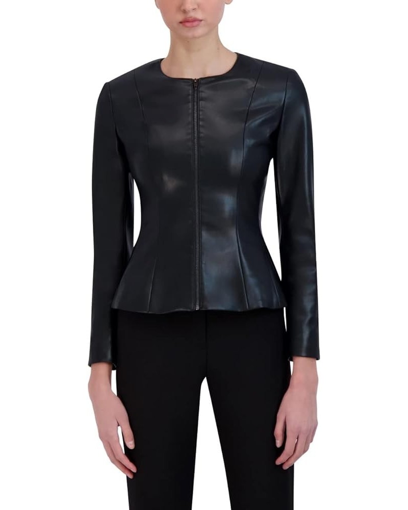 Women's Faux Leather Peplum Jacket Long Sleeve Crew Neck Front Zip Coat Black $59.70 Coats