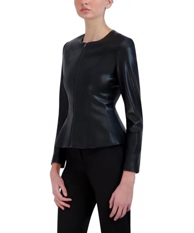 Women's Faux Leather Peplum Jacket Long Sleeve Crew Neck Front Zip Coat Black $59.70 Coats