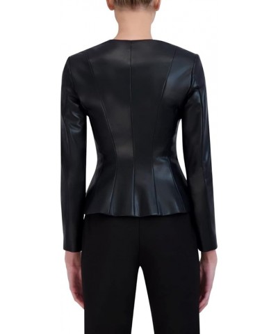 Women's Faux Leather Peplum Jacket Long Sleeve Crew Neck Front Zip Coat Black $59.70 Coats