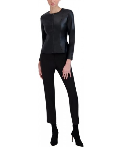 Women's Faux Leather Peplum Jacket Long Sleeve Crew Neck Front Zip Coat Black $59.70 Coats