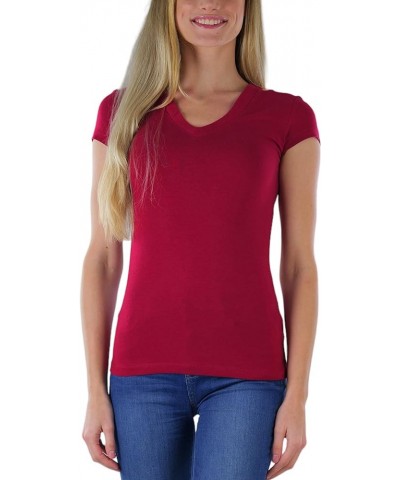 Women’s Basic Short Sleeve V-Neck Tee Burgundy $8.93 T-Shirts