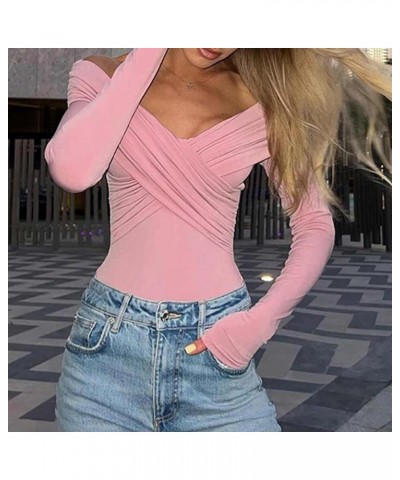 Women’s Off Shoulder Long Sleeve Tops Y2K Solid Basic Low Cut Folded Neck Slim Tee Shirts Sexy Ruched Crop Blouse P Ruched Cr...