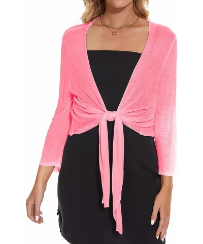 Women's Tie Front Bolero Cardigan Shrug Sweater 3/4 Sleeve Knotted Lightweight Short Shawl Top Pink $10.19 Sweaters