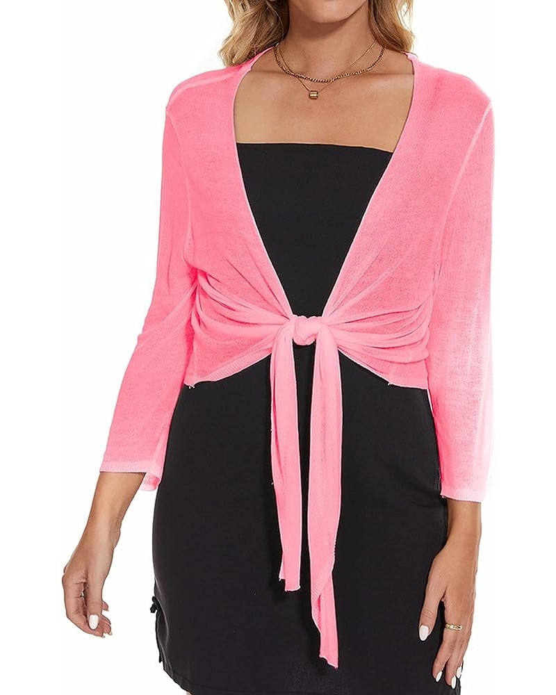 Women's Tie Front Bolero Cardigan Shrug Sweater 3/4 Sleeve Knotted Lightweight Short Shawl Top Pink $10.19 Sweaters