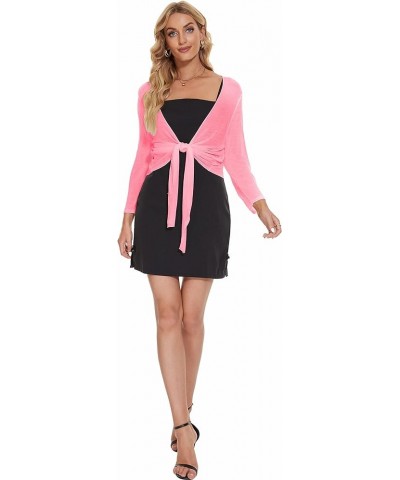 Women's Tie Front Bolero Cardigan Shrug Sweater 3/4 Sleeve Knotted Lightweight Short Shawl Top Pink $10.19 Sweaters