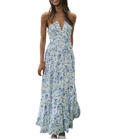 Women Boho Cap Sleeve Maxi Dress Y2K Floral Print Backless Corset Party Dress for Beach Cocktail Summer Streetwear B-blue $14...