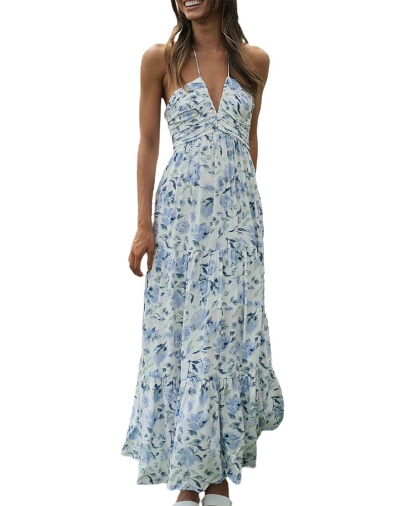 Women Boho Cap Sleeve Maxi Dress Y2K Floral Print Backless Corset Party Dress for Beach Cocktail Summer Streetwear B-blue $14...