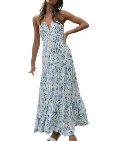 Women Boho Cap Sleeve Maxi Dress Y2K Floral Print Backless Corset Party Dress for Beach Cocktail Summer Streetwear B-blue $14...