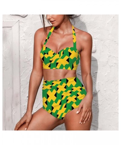 Women Two Piece High Waisted Bikini Set Swimsuits Halter Tummy Control Bottoms Bathing Suits S-XXL Jamaican Flag Pattern $14....