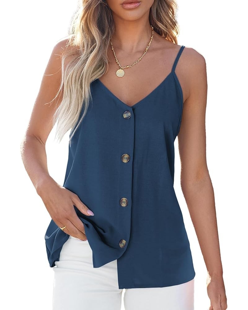 Women Button Down Tank Tops Loose Casual V Neck Strappy Summer Sleeveless Shirts Blouses XS-4X Navy $12.45 Tanks