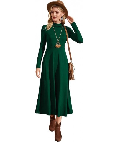 Women's Mock Neck Long Sleeve Flared A Line Midi Dress Solid High Waist Swing Flowy Long Dresses Pure Green $21.12 Dresses