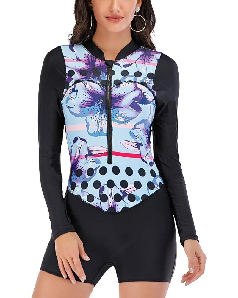 Women's One Piece Surfing Swimsuit Long Sleeve Rash Guard Boyleg Athletic Swimwear Bathing Suit Black&floral&blue $20.16 Swim...