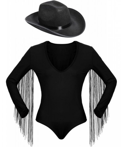 Women's Fringe Trim Long Sleeve Low Cut Bodysuit Top with Cowboy Hat, Cowgirl Outfits for Women Black Fringe Top $18.13 Lingerie