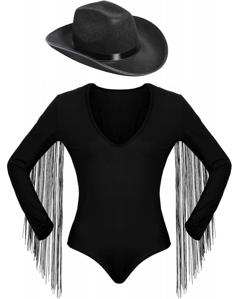 Women's Fringe Trim Long Sleeve Low Cut Bodysuit Top with Cowboy Hat, Cowgirl Outfits for Women Black Fringe Top $18.13 Lingerie