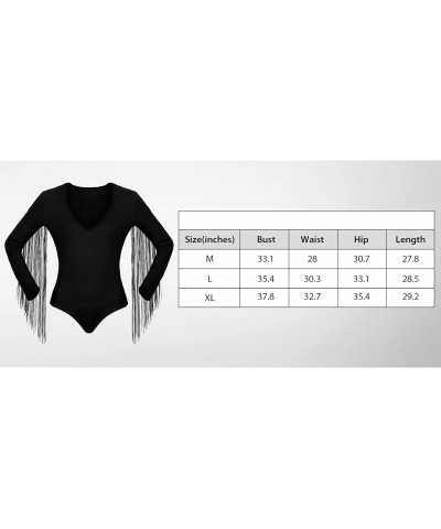 Women's Fringe Trim Long Sleeve Low Cut Bodysuit Top with Cowboy Hat, Cowgirl Outfits for Women Black Fringe Top $18.13 Lingerie