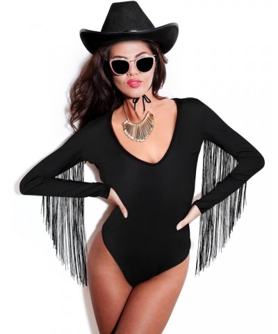 Women's Fringe Trim Long Sleeve Low Cut Bodysuit Top with Cowboy Hat, Cowgirl Outfits for Women Black Fringe Top $18.13 Lingerie