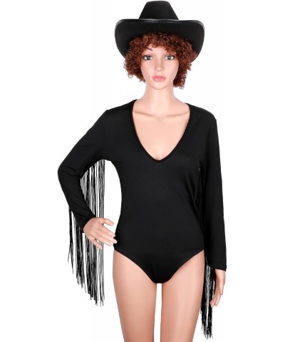 Women's Fringe Trim Long Sleeve Low Cut Bodysuit Top with Cowboy Hat, Cowgirl Outfits for Women Black Fringe Top $18.13 Lingerie