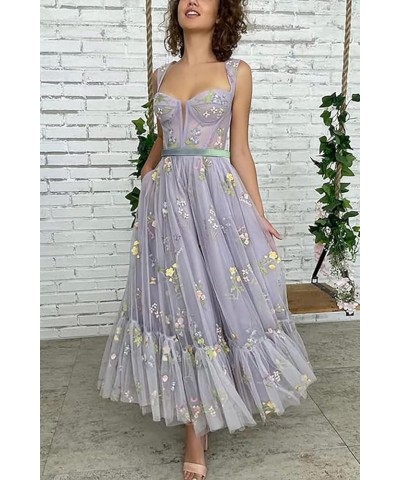 Tea Length Prom Dresses for Women 2023 Flower Embroidery Tulle Formal Evening Party Dress Purple-tea Length $28.00 Dresses