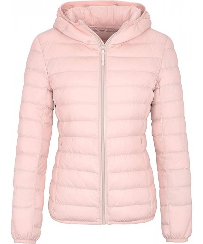 Women's Hooded Packable Ultra Light Weight Short Down Jacket Pink $33.36 Jackets