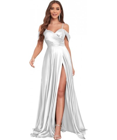 Satin Bridesmaid Dresses for Wedding Off Shoulder Long Formal Gowns with Slit White $27.50 Dresses