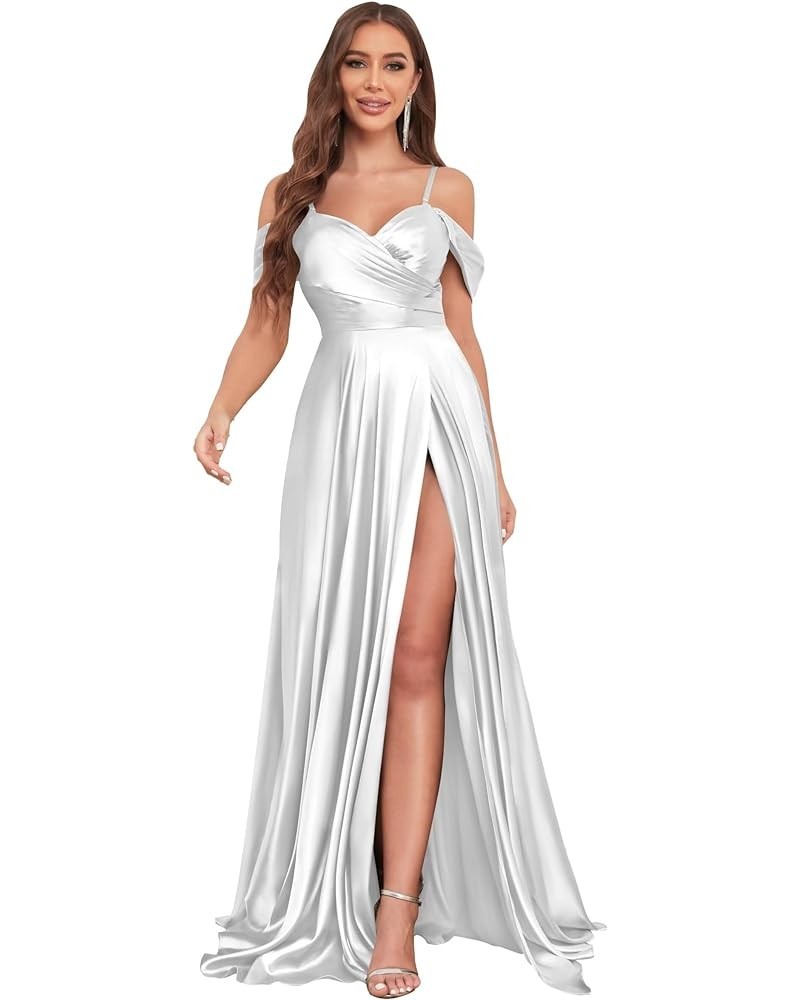 Satin Bridesmaid Dresses for Wedding Off Shoulder Long Formal Gowns with Slit White $27.50 Dresses