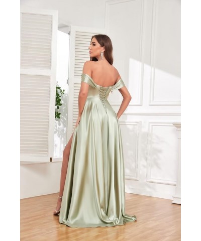 Satin Bridesmaid Dresses for Wedding Off Shoulder Long Formal Gowns with Slit White $27.50 Dresses