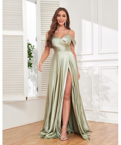 Satin Bridesmaid Dresses for Wedding Off Shoulder Long Formal Gowns with Slit White $27.50 Dresses