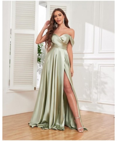 Satin Bridesmaid Dresses for Wedding Off Shoulder Long Formal Gowns with Slit White $27.50 Dresses