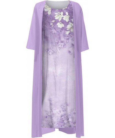 Women's Casual Fashion Print O-Neck Medium Long Length Two Piece Set Dress Purple $14.88 Dresses