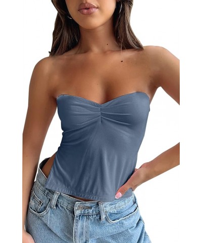 Women's Y2K Pleated Bustier Strapless Sweetheart Bandeau Tube Crop Tank Summer Sleeveless Slit Going Out Crop Top Dusty Blue ...