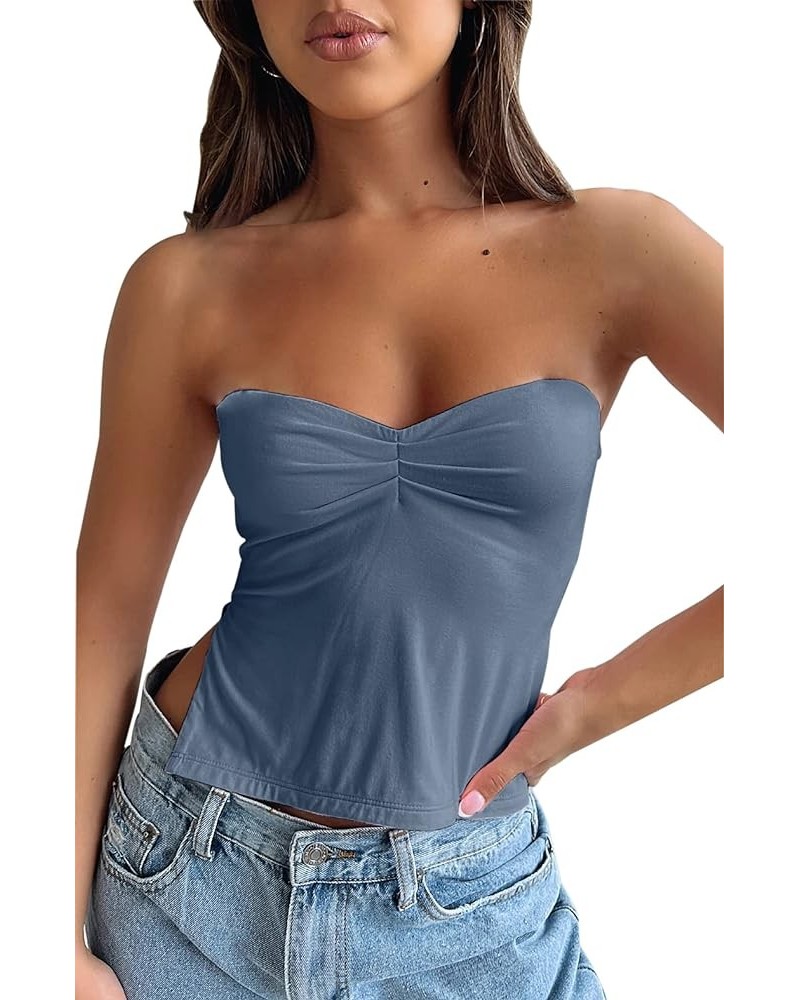 Women's Y2K Pleated Bustier Strapless Sweetheart Bandeau Tube Crop Tank Summer Sleeveless Slit Going Out Crop Top Dusty Blue ...