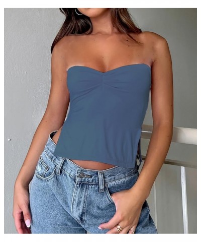 Women's Y2K Pleated Bustier Strapless Sweetheart Bandeau Tube Crop Tank Summer Sleeveless Slit Going Out Crop Top Dusty Blue ...