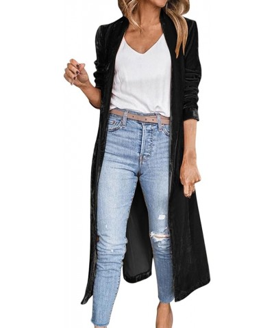 Velvet Blazer Jackets for Women Velvet Trench Coat Open Front Cardigan With Pockets Long Lapel Winter Velvet Soft Coat Z1-bla...