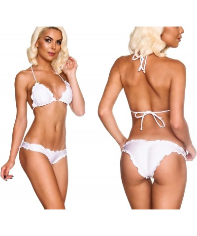 Coqueta Swimwear Sexy Brazilian Bikini Set Trimmed Ruffles Scrunch Bottom Flirty White $27.14 Swimsuits