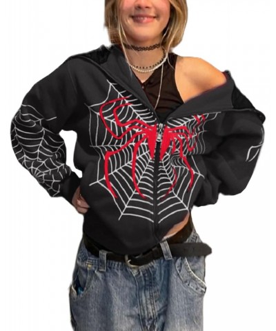 Women Y2K Spider Web Hoodie Jacket Oversized Full Zip Up Hoodie Vintage Punk Goth Skeleton Gothic Sweatshirt Jackets (Black, ...