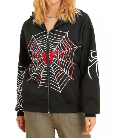 Women Y2K Spider Web Hoodie Jacket Oversized Full Zip Up Hoodie Vintage Punk Goth Skeleton Gothic Sweatshirt Jackets (Black, ...